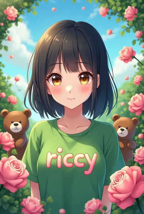  An anime girl with dark hair and brown eyes,  with a green shirt and the letters of Riccy , In the background bears and roses  