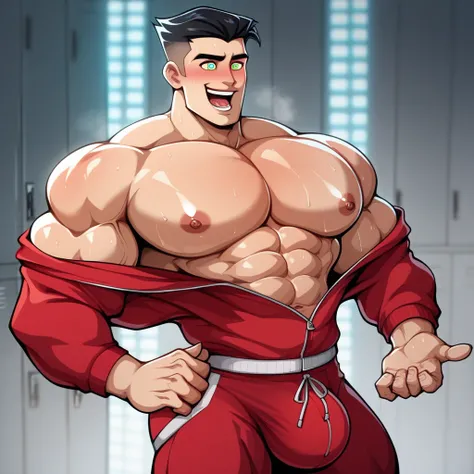 best quality, masterpiece, extremely detailed, Danny Fenton from Danny Phantom, Danny as a muscular bodybuilder man standing in line with other muscular bodybuilder men, rugged windswept hair, sweaty, glistening skin, wearing a crystal, sexy jockstrap, wea...