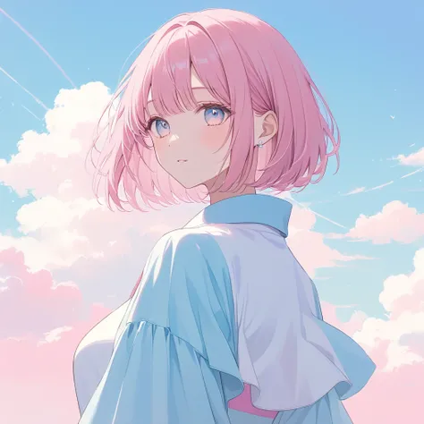 ((pastel)),Blue and Pink,soft touch,Gentle colors,   bob cut  , upper body, Cowboy Shots  ,  Before the competition, I want the size of the great  ,   A masterpiece with clouds  