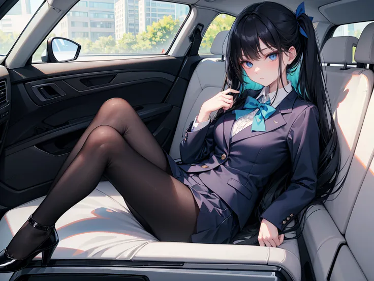    High school students   ， already, Black Hair ， With warm blue eyes   ， Wore a brand new blue suit and black heels ，  Pure white collar and bright green bow  。 has long Black Hair and warm blue eyes ， Lean back in the car seat ，  Pose Alluring , spread l...