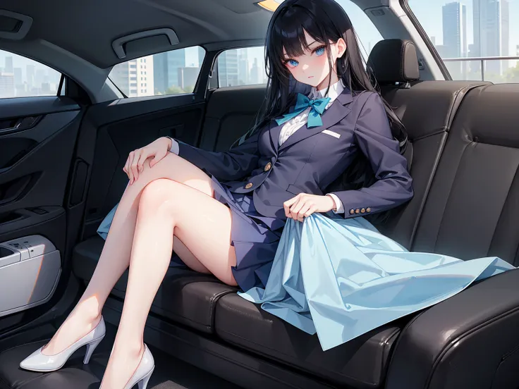    High school students   ， already, Black Hair ， With warm blue eyes   ， Wore a brand new blue suit and black heels ，  Pure white collar and bright green bow  。 has long Black Hair and warm blue eyes ， Lean back in the car seat ，  Pose Alluring , spread l...