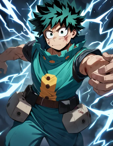 1 chico,  male approach, Brown skin with Izuku Midoriya costume,  Boku no Hero Academia, Injury, electricity,,  masterpiece ,  better quality ,  very aesthetic ,  absurdres