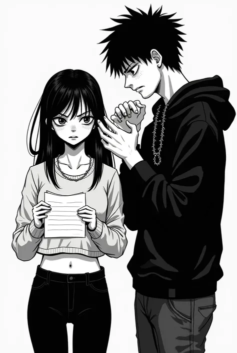 In the style of Junji Ito, Junji ito Manga type image, girl, Long sleeve crop top sweater, black leggings, necklace, ring, afraid, medium length hair, long bangs, aggressive face, man in a black hoodie, sleeves rolled halfway up, black joggers, barbed wire...