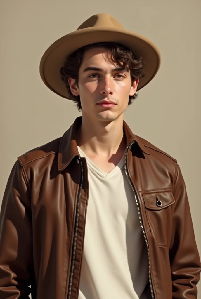 Drawing art 20 years old cute man, wearing brown leather jacket, white inside t-shirt and hat in very light brown background 