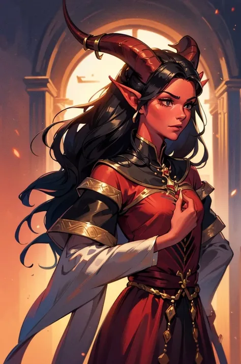 (( beautiful ,  high quality)),  full-length portrait , (стройная высокая graceful) score_9, score_8_up, score_7_up, A tiefling, pointed ears, ((very small tiny horns)), ((red skin)) ((Black hair up to the neck )) ( dynamic pose ) (graceful).  1girl, fanta...