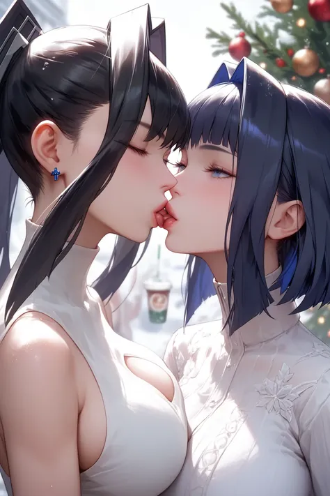 (2 girls) (Ouro Kronii ) and (mumei ) (kissing),  huge breasts,  elegant white shirt, French coffee shop ,  background of people walking in a French Quarter, Close up image, focus on the face, th3rm4l , colorful, thermal , Score_9, Score_8_up, Score_7_up a...