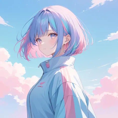 ((pastel)),Blue and Pink,soft touch,Gentle colors,   bob cut ,Blue and Pink (( striped hair)),  Highlight Hair  , upper body, Cowboy Shots  ,  Before the competition, I want the size of the great  ,   A masterpiece with clouds  