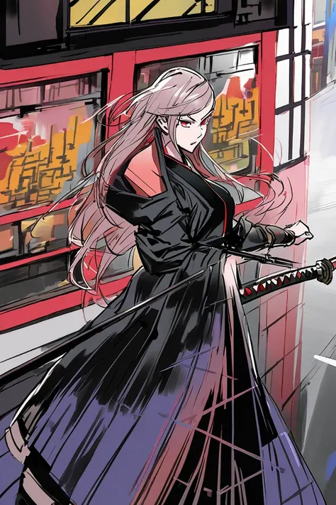 1. Alley in the cyberpunk worldview 2 .   Back view of a woman dressed in Japanese style with a  and long hair about to stop,  I picked up the katana in the waist dance .