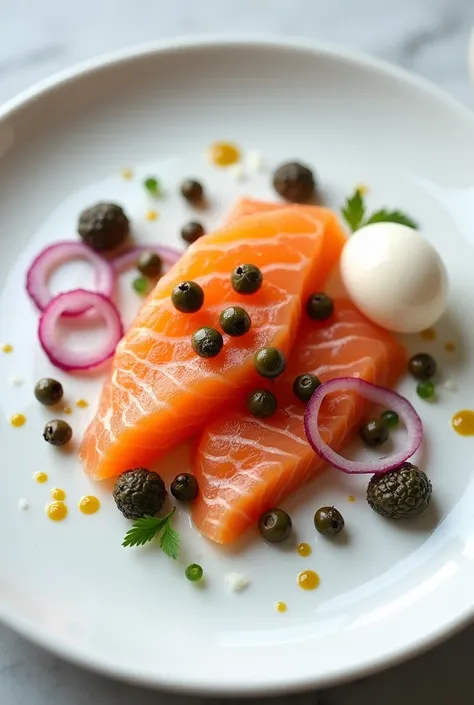 Knife-ground raw salmon , capers,  red onion and quail egg. (Sin gluten) served on an elegant white plate