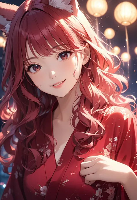 (  Masterpiece  :1.5),(Sound quality ),(high res), one woman alone , beautiful face,smile(輝く瞳), pink hair, long hair, wavy hair , fox ears, upper body,  light effect ,A woman in a red yukata,firework