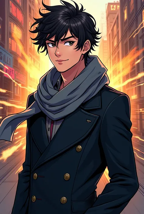 A male Marvel anime-style comic book character.  The man looks similar to that of Louis Garrel,  he wears a black overcoat and a gray scarf . His hair is short curly . He is a journalist.  Smiling expression  