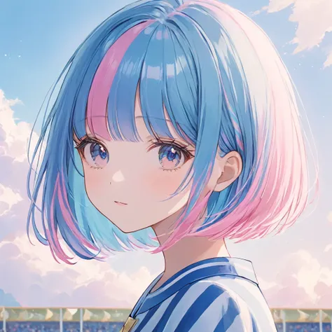 ((pastel)),Blue and Pink,soft touch,Gentle colors,   bob cut ,Blue and Pink (( striped hair)),  Highlight Hair  , upper body, Cowboy Shots  ,  Before the competition, I want the size of the great  ,   A masterpiece with clouds  