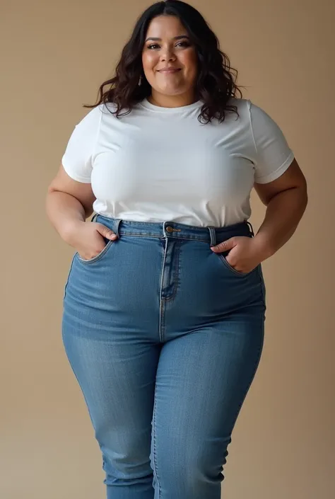 Half-body photo for obese women using blue cutbray jeans trousers for marketplace