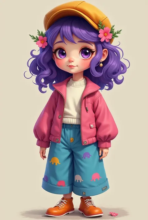  A 16-year-old woman with curly purple hair .  She has a round face and purple eyes .  She has flowers in her hair and a newsboy . Shes wearing a white sweater , un veston rose,  a pair of blue elephant pants and orange shoes