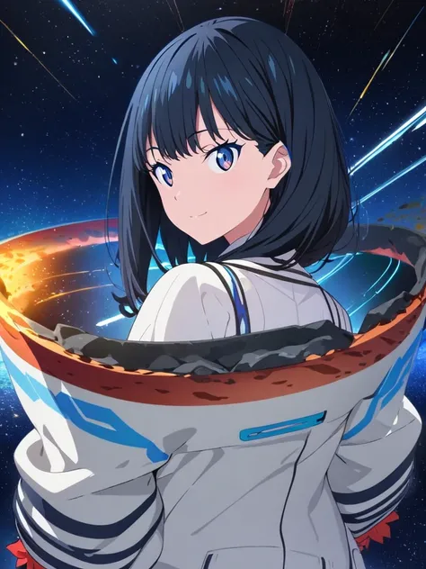 High-definition, high resolution, 8k.perfect face, perfect figure, 1 girl. solo, TaKarada rikka_ssss.GRIdMAN. light smile, from behind, looking back, starry night sky, meteor shower, meteor swarm, star trails,,  best quality, very aesthetic, absurdres,