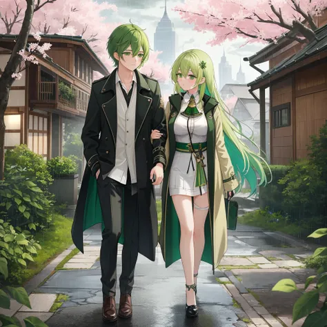 best quality, 4K wallpaper, masterpiece, extremely detailed CG unity 8k wallpaper,((Extremely detailed eyes)), ultra-detailed, intricate details, hair between eyes, long hair, green hair, (green eyes:1.1), green Short hair adornments, Bell, eventide, Heavy...