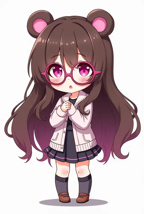  18 year old chibi-style anime girl with long brown hair, bear ears, bright fuchsia eyes , glasses, beauty of a girl with beautiful attributes .  Nanotechnology clothing on white background 