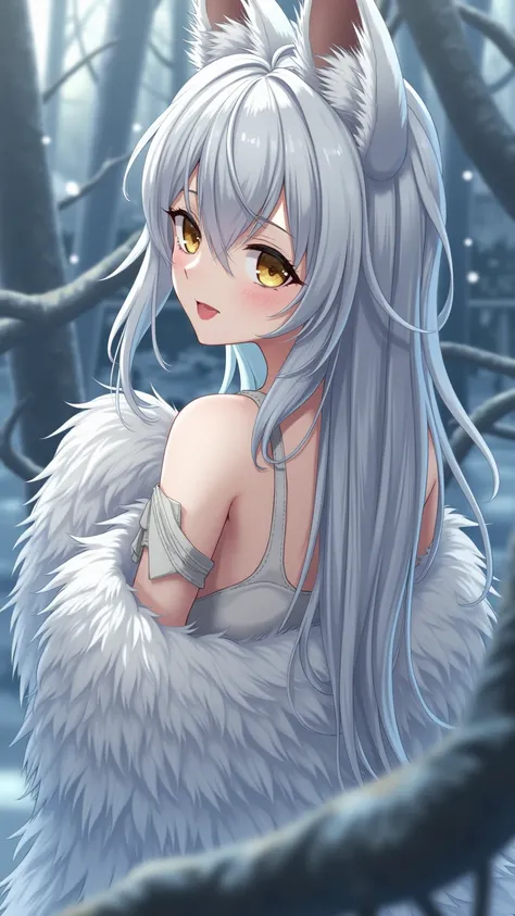  High Resolution ,  high detail,  High Quality ,:Icefield， Sea of Trees，一位中式九尾妖狐女子，Bangs,silver long hair, Completely naked， unclothed ， Textured Skin , A Chinese Ninotail Fox Woman Wearing Fur ，Smile， watching people 