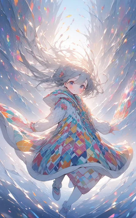 Hyper-detailed nano-textured illustration in 8K resolution, showcasing intricate patterns and vibrant colors. The scene features a young girl playing in a snowy field, creating a series of footprints as she runs and jumps. She is dressed in a colorful and ...