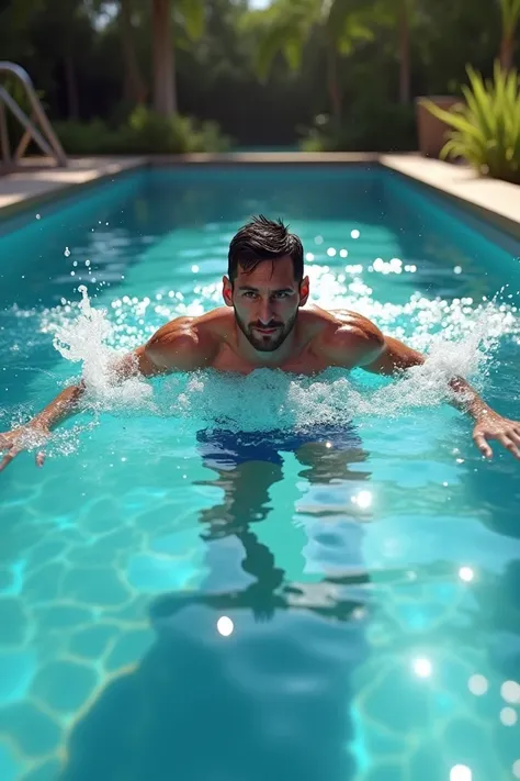 Messi swims in a swimming pool