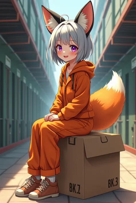 adult prisoner girl, silver short hair , black fox ears, orange fox tail, No human ears, purple eyes, orange prison jumpsuit, orange cloth shoes, She sitting on big paper board box with custom her shop, she smile, in prison hall, daytime, anime style