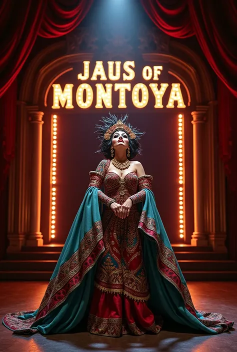 Create a logo where a Drag woman interprets an Andean woman from the highlands of Ecuador in a musical theater with a sign that says JAUS OF MONTOYA and has illuminated lights around it