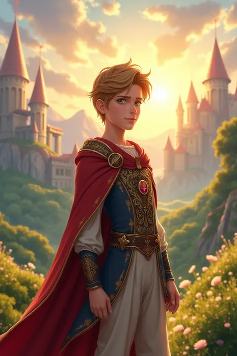 Prince Leo in Azura_
- A handsome young prince (Leo) standing in front of a beautiful, sunlit kingdom (Azura).
- Prince Leo wearing a brave and determined expression.
