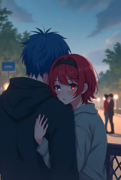 Create a blue-haired 20-year-old , being comforted by his black-haired friend . Both are watching a loving couple hugging each other from a distance,who are a red-haired girl ,blue and red eyes,The guy with the redhead is a black-haired man with black eyes...