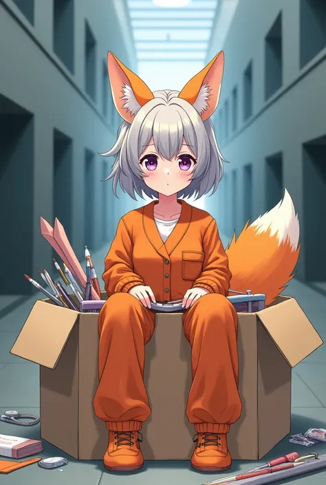 adult prisoner girl, silver short hair , orange fox ears, orange fox tail, No human ears, purple eyes, orange prison jumpsuit, orange cloth shoes, She sitting in big paper board box with custom her shop, she smile, in prison hall, daytime, anime style