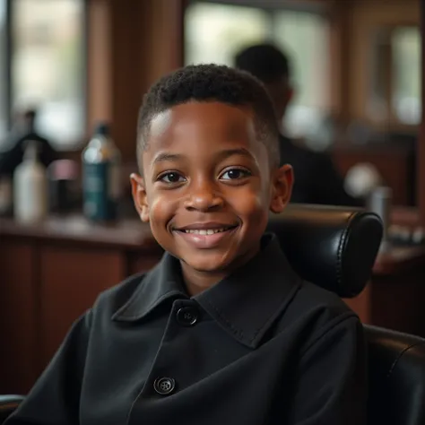  realistic photo of an African-American boy with a short haircut,  sitting in a barber chair wearing a black coat , smiling with satisfaction 