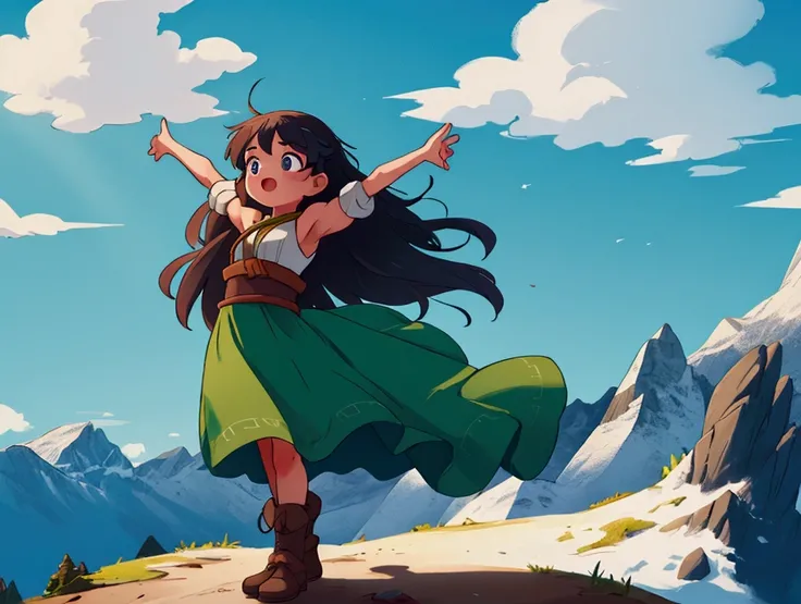 a girl who travel to conquer the high green mountain peaks that has a beautiful view And she stood at the top of the mountain with her arms spread open to the wind.