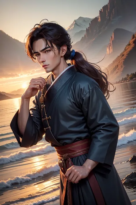 25 year old handsome young man, charming look, volumetric lighting, 8k resolution, photorealistic, ultra-high quality, opulent detailed background, medium length dark brown hair, messy ponytail, wearing dark blue hanbok long sleeve clothes, mountain in bac...