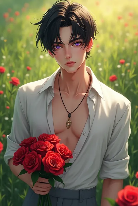 (  brilliant work  , 8k, ,  measurements ,   Best quality :1.6),  1 boy ,   alone, Short hair, Black hair,   asymmetrical edges  ,   purple eyes,   handsome, Sharp eyes  , (  maturity   male,   maturity  :1.2), Emphasis on men , Gloriously , White shirt wi...