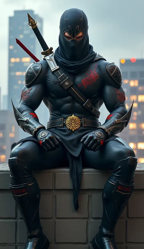  A male ninja is sitting on a city ledge,  cyberpunk art ，Created by Eddie Mendoza , Watch Ninja Gaiden . Ryu Hayabusa,  Digital Art, Tights , Strong body for men，mask.Headgear .Masked.Jumpsuit.stealth suit ,  is covered by a suit,  detailed figure , The h...