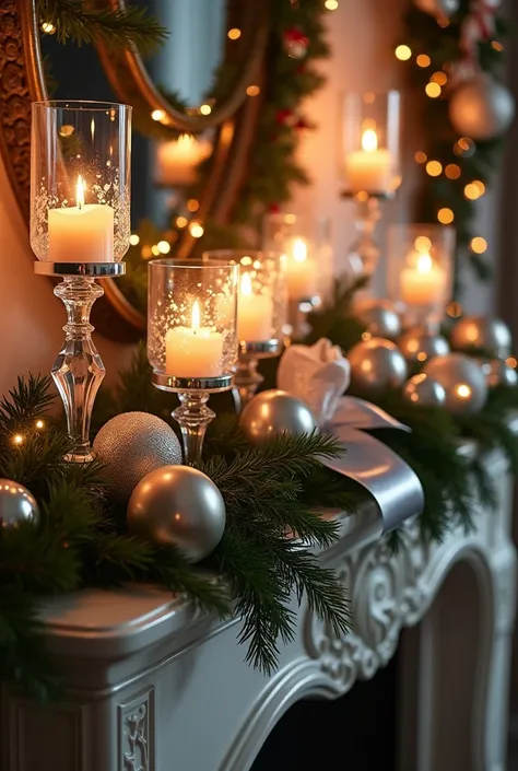 A luxurious Christmas mantel adorned with crystal candle holders, elegant silver candle sticks, and a few delicate glass ornaments. The mantel is draped with greenery and silver ribbons, and flickering candlelight creates a soft, warm glow.