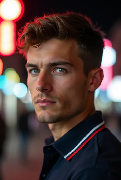  Polo photo on a blurred background, Guy 23 years old, close up, side view ,  green-blue eyes,  European appearance,  oval skull , The camera looks from the bottom up, half way, close up, smoother facial features, in town at night ,  neon light on the side...