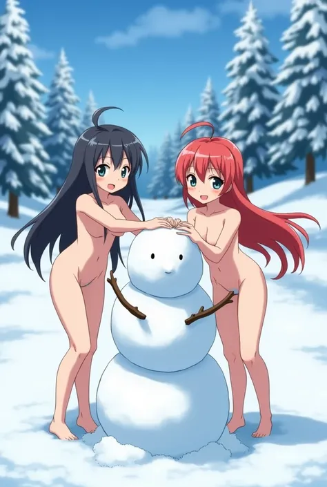 The twins of beautiful girls in the anime are completely naked and making a snowman