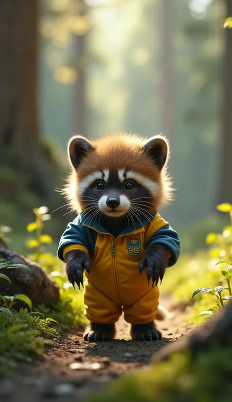 A baby Wolverine standing in a Canadian forest, wearing a miniature yellow and blue suit, with tiny, safe plastic claws extended, growling playfully.