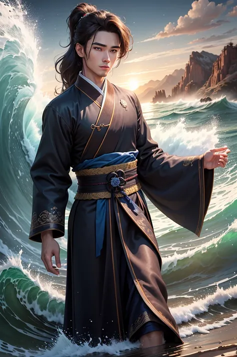 25 year old handsome young man, confident and charming, volumetric lighting, 8k resolution, photorealistic, ultra-high quality, opulent detailed background, medium length dark brown hair, messy ponytail, wearing dark blue hanbok long sleeve clothes, mounta...