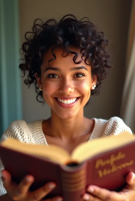 Anime short curly hair Latina taking a selfie smiling showing her bible