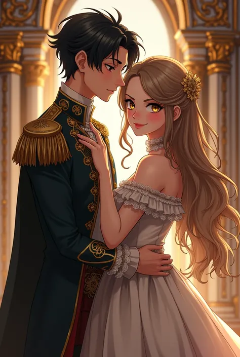 An anime-style scene featuring a young, handsome royal man with short, wispy jet black hair and piercing golden eyes. He is elegantly dressed in a regal, ornate royal outfit, holding the waist of a woman beside him. The woman has long, flowing light brown ...