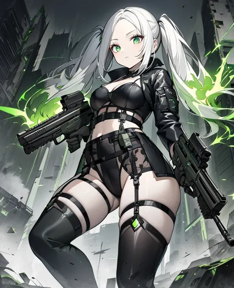 Girl, Hunter, pale skin, tall, medium chest, black leotard, thighs showing, black thigh highs, garter belt, black open cropped leather jacket, white hair, bangs showing forehead, long twintails, green eyes, black and green energy dual handguns, HD, warzone...