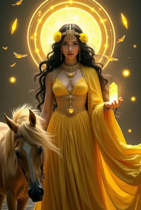 There was a girl who was a goddess to her.     Has long black hair.    The hair is decorated with yellow flowers and yellow ribbons.     She wears a crown of silk.    Her eyeballs are yellow.    She was wearing a very beautiful yellow colored devta dress. ...