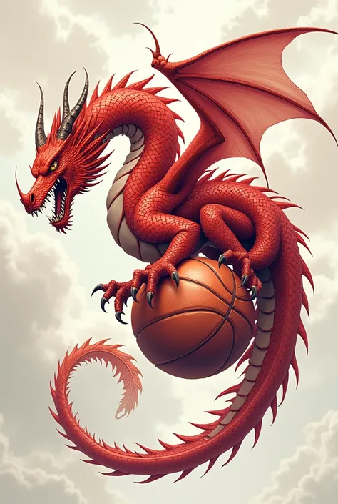 draw a sketch of a red flying dragon wrapped around a basketball with a fierce face