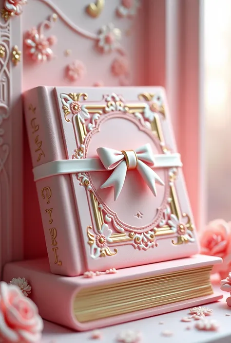 3D pink and gold and white DIARY carved sculpture Embossed victorian royal diary cover (pink) and diary spine with a design in the middle one medium size white ribbon bow, and embossed mini flowers and the side cover is embossed gold victorian vintage bord...