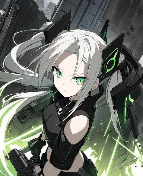 Girl, Hunter, Sangvis Ferri, pale skin, tall, medium chest, black leotard, black open cropped leather jacket, white hair, bangs showing forehead, long twintails, green eyes, black and green energy dual handguns, HD, warzone, ruined city