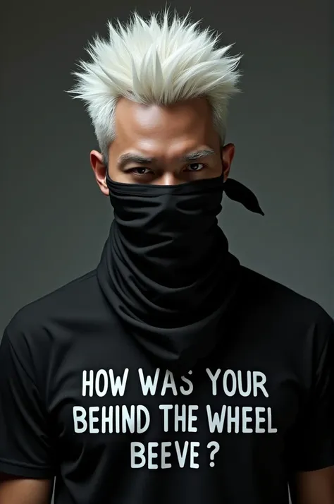 A picture of a guy with spiky white hair and a black bandana over his eyes and a black shirt with text above him that read “how was your behind the wheel Beeve?”