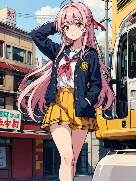 a schoolgirl with silver to pink gradation hair, eyes are yellow or orange ,  and the school uniform is red with a yellow ribbon .