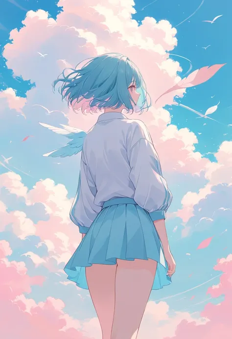 ((pastel)),Blue and Pink,soft touch,Gentle colors, Woman standing with her back , bob cut   ,  Before the competition, I want the size of the great  ,   A masterpiece with clouds  ,The leaves are flying 