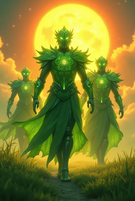 Chloroplast  (Chloroplast)
Warriors with armor made of green leaves can absorb the suns energy and release energy in waves of green energy that restore energy to teammates.
The background is a meadow surrounded by a splashing sun.
Its function is to restor...